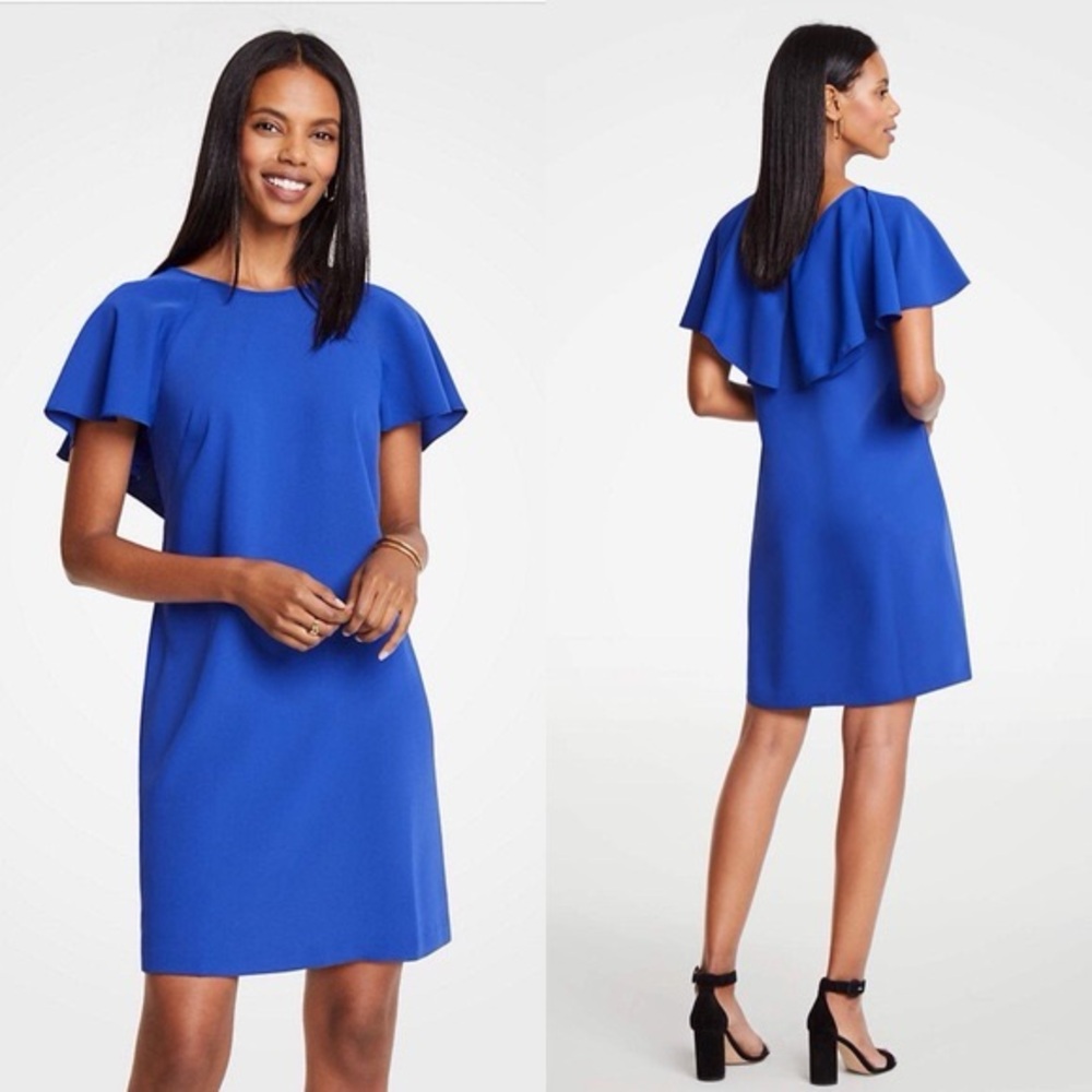 Ann Taylor Blue Sheath Mini Dress with Flutter Sleeves
